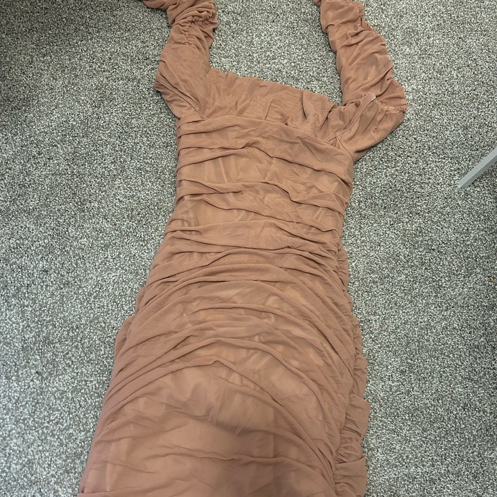 ROMWE Ruched Long Sleeve Dress in Tan